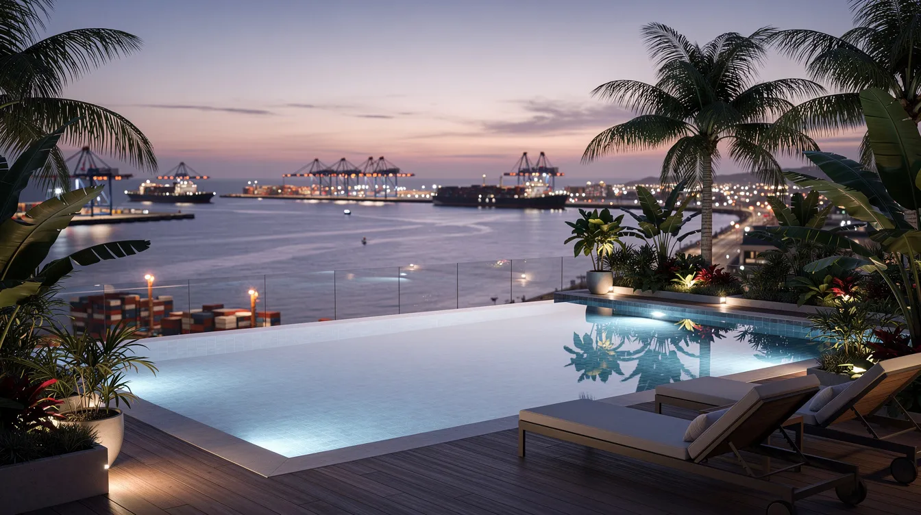 The image features a stunning rooftop infinity pool at dusk, surrounded by lush tropical greenery, offering breathtaking views of a harbour and shipping port. This tranquil setting exemplifies the luxurious lifestyle associated with Newport residences, emphasizing the allure of city living in the heart of the central business district.