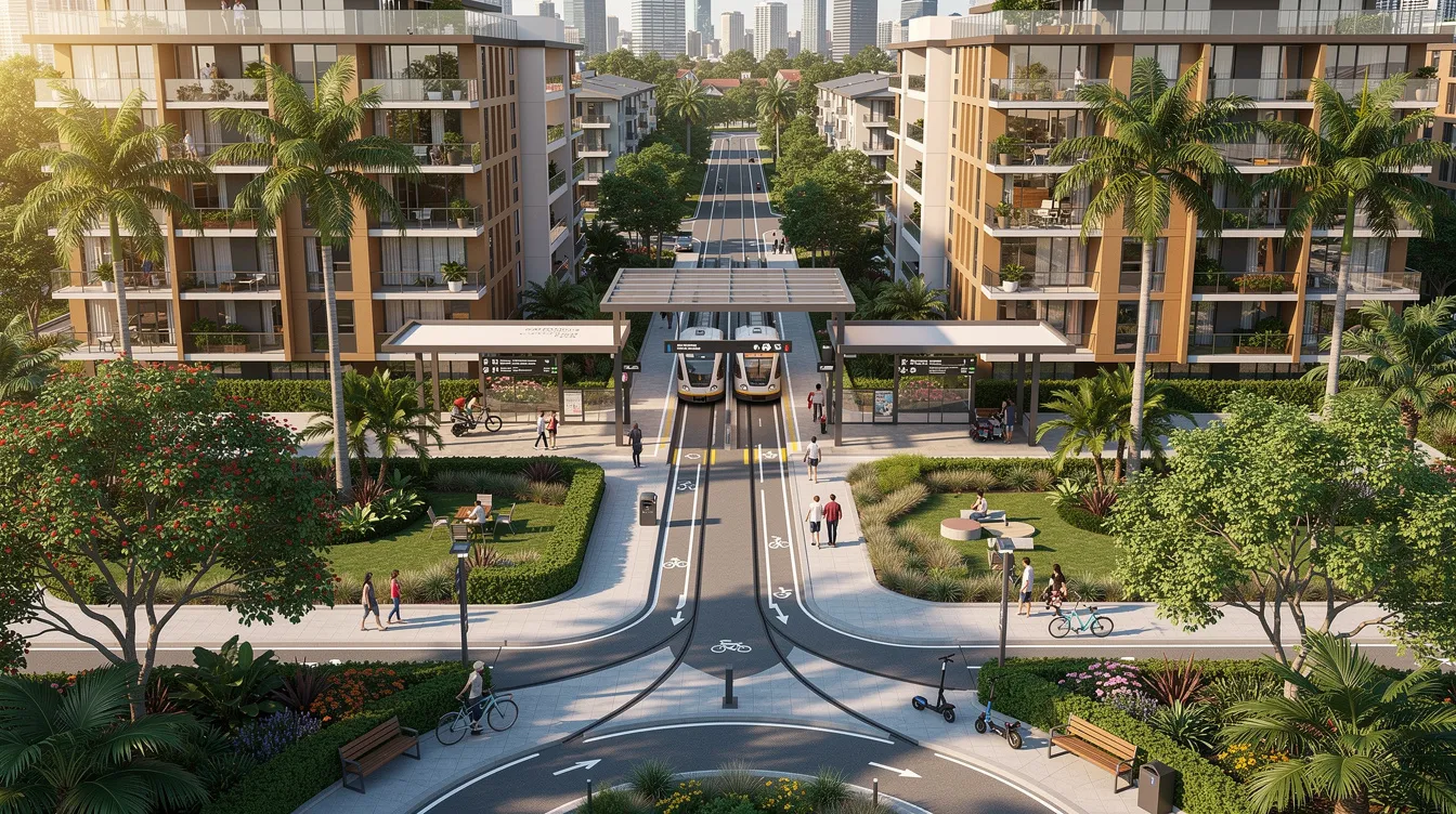 The image depicts a modern city-fringe residential development featuring a new transit station and pedestrian walkways, all surrounded by lush tropical greenery, showcasing an attractive environment for family offices focusing on long-term wealth management and investment strategies. This strategic location offers growth opportunities and enhances the appeal of diversified portfolios in both public and private markets.