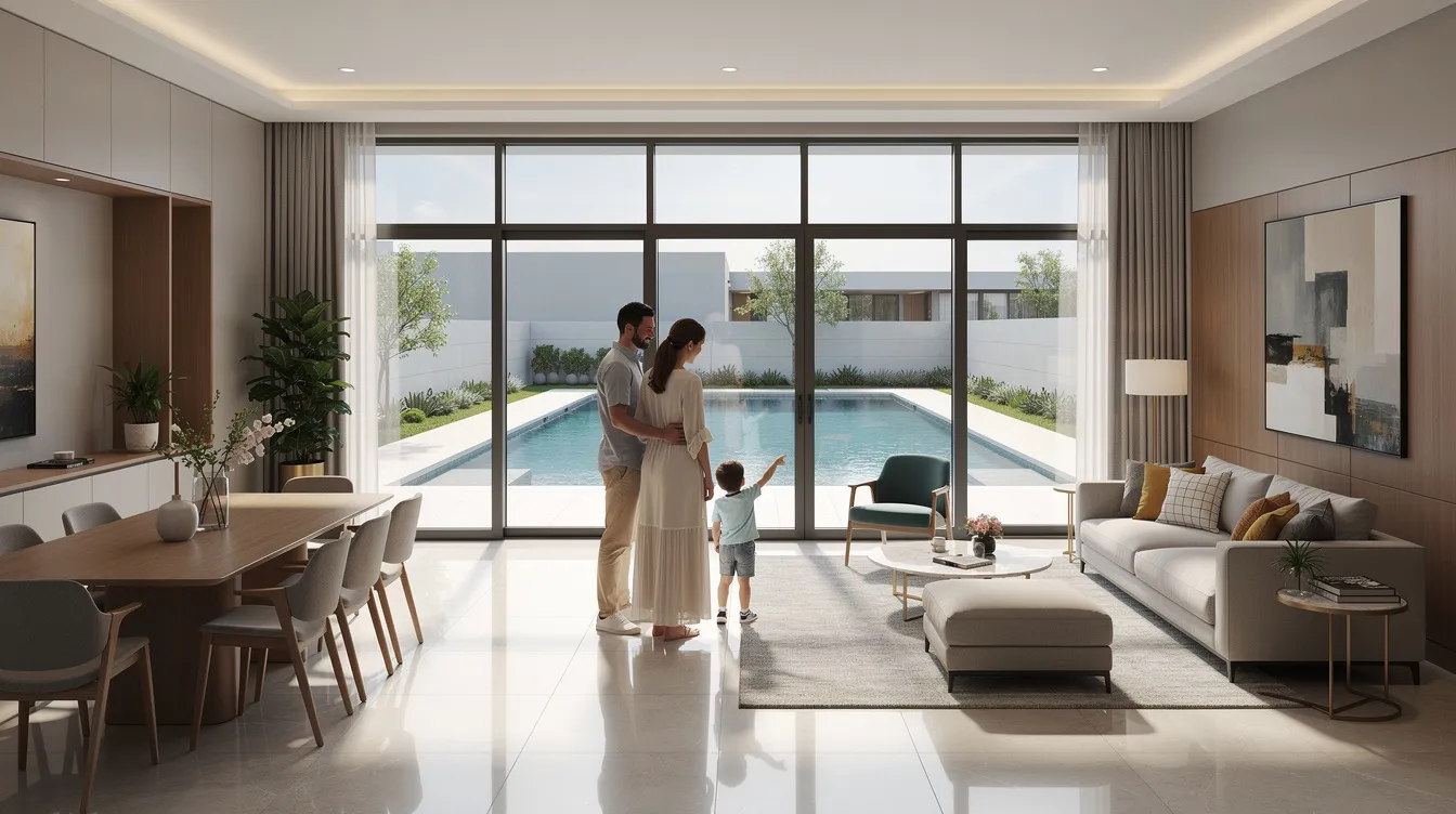 A young family is exploring a modern condominium showflat with expansive floor-to-ceiling windows that showcase a swimming pool outside. This setting reflects the potential for asset progression and financial planning as they consider upgrading from their existing HDB flat to a private condo for enhanced living and future investments.