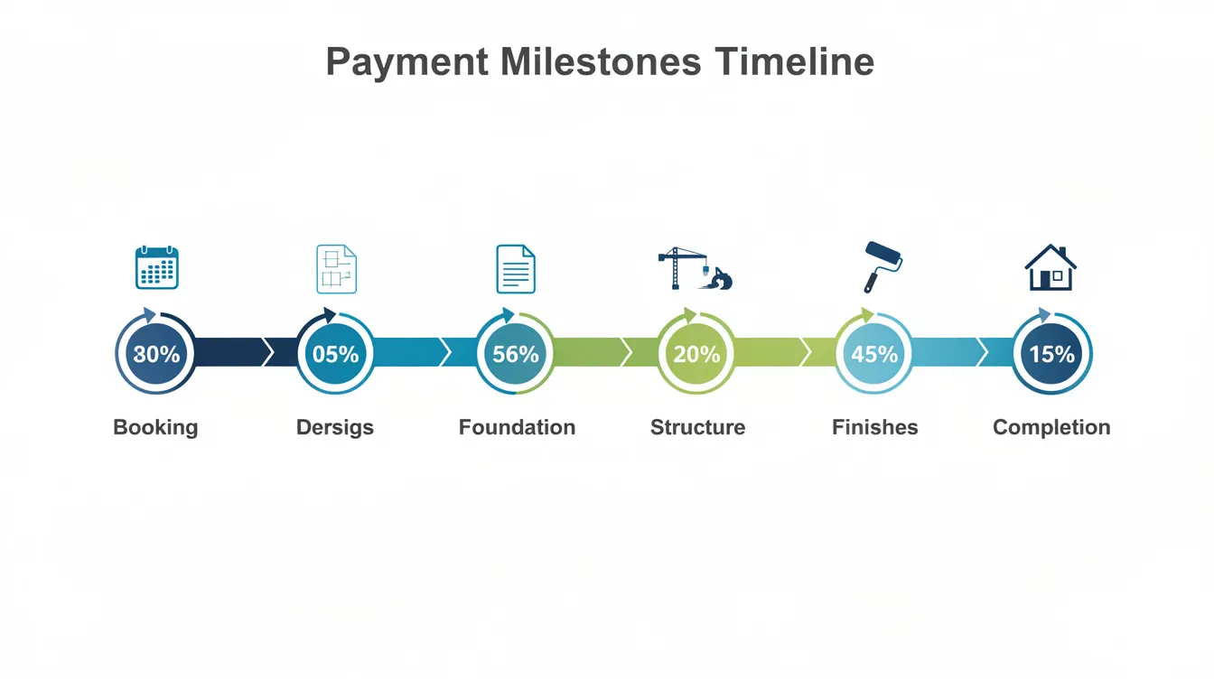 The image depicts a timeline diagram illustrating the progressive payment milestones in construction projects, highlighting key stages from booking to construction completion. It emphasizes the importance of cash flow management and timely project completion to ensure steady cash flow throughout the project lifecycle.