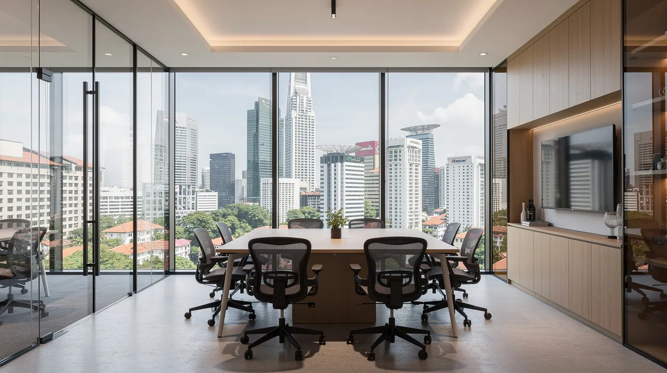 The image depicts a modern meeting room in a Singapore strata office, featuring large windows that offer a stunning view of the city skyline. The sleek design and contemporary furnishings create an inviting atmosphere for business discussions related to commercial property transactions and goods and services tax (GST) matters.