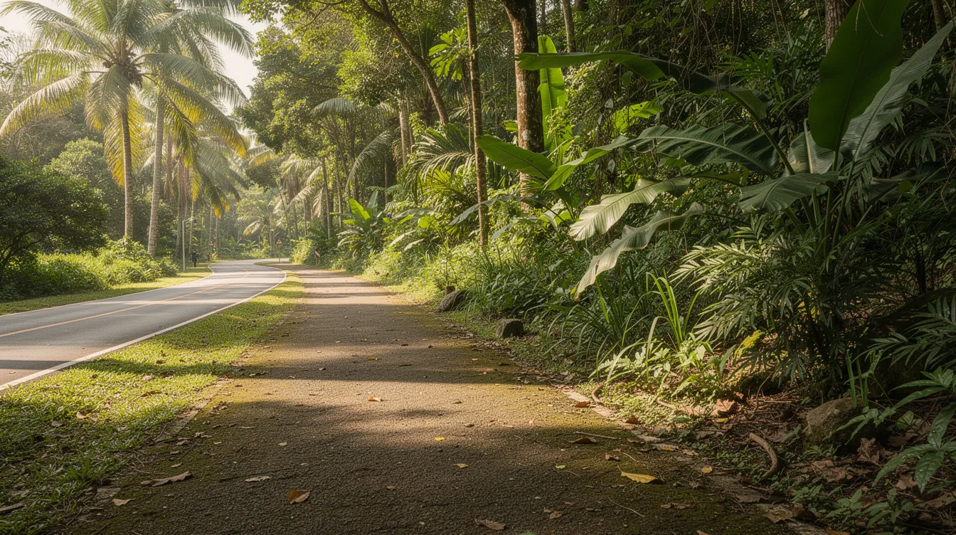 A ground-level walking path meanders alongside a dense tropical forest, with a distant cycling trail visible, offering a serene retreat amidst lush greenery. This area is part of the Dairy Farm nature park, providing residents and visitors with ample opportunities for outdoor activities in a peaceful environment.
