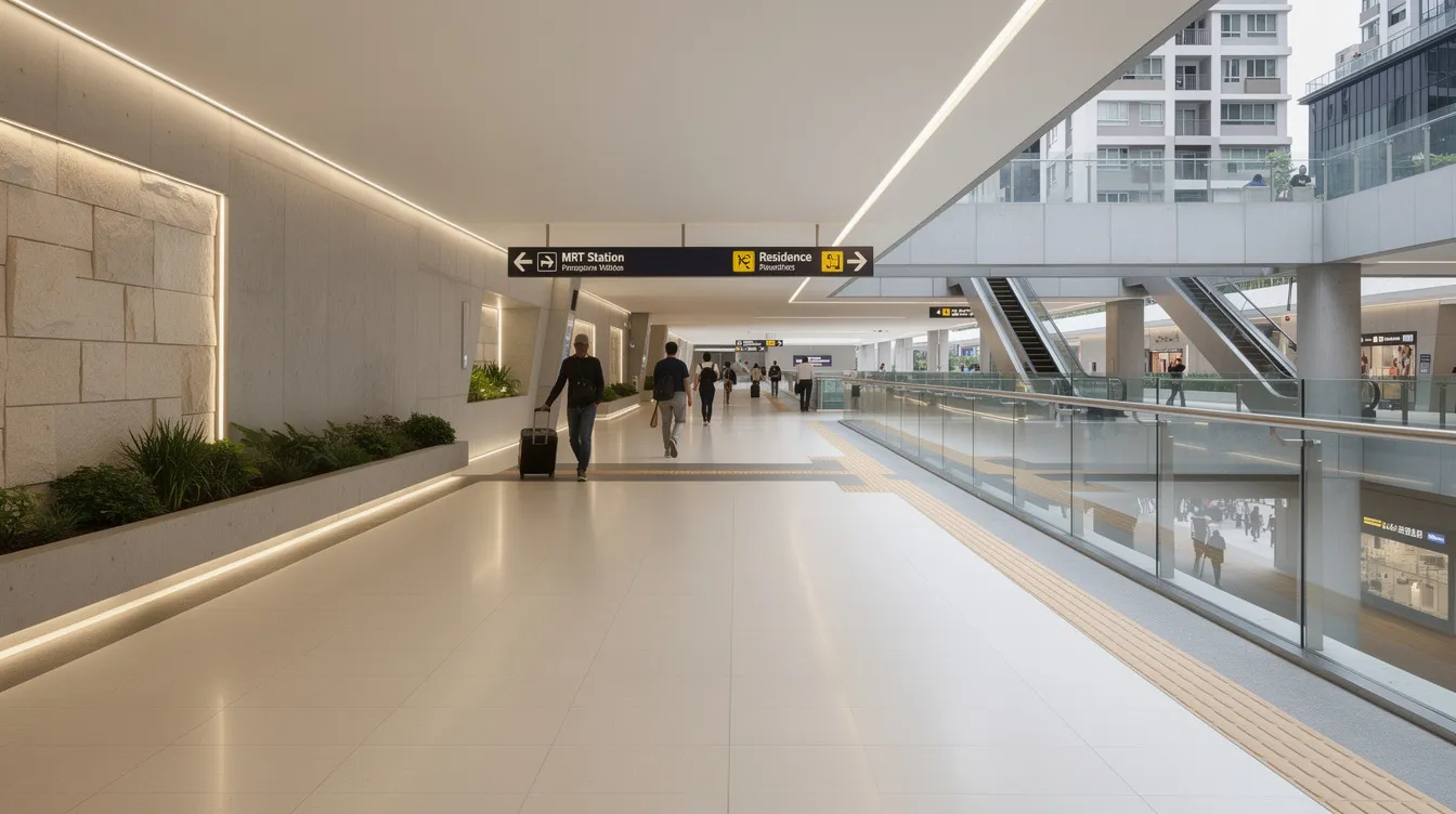 The image shows a covered underground walkway that connects the Pinery Residences to the modern Tampines West MRT station, providing residents with a direct and convenient link to public transportation. This pedestrian link enhances accessibility to nearby amenities such as Tampines Mall and Bedok Reservoir Park.