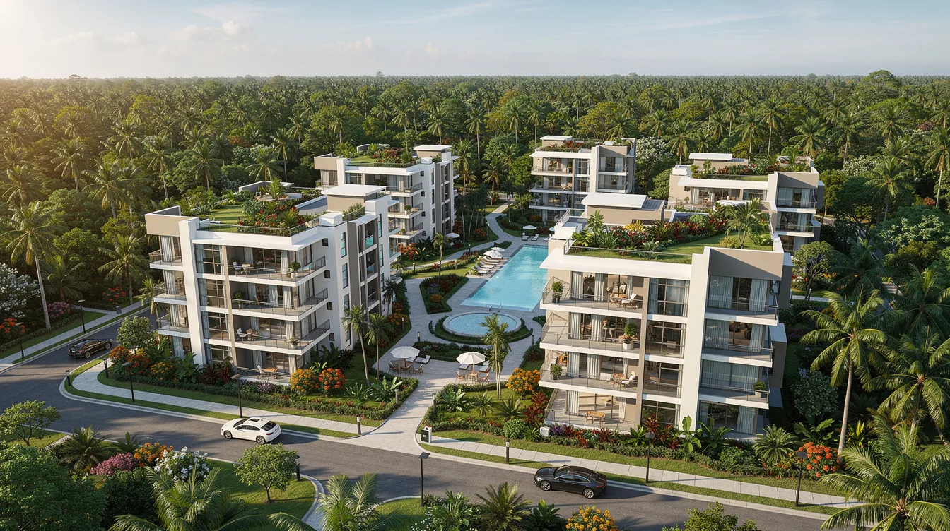 An aerial view showcases a modern residential condominium development nestled within lush greenery in a tropical setting, highlighting the appeal of private residential property for potential buyers. This vibrant scene reflects the increasing interest in executive condominiums among Singapore citizens, particularly first-time families looking to meet the income ceiling requirements for property ownership.