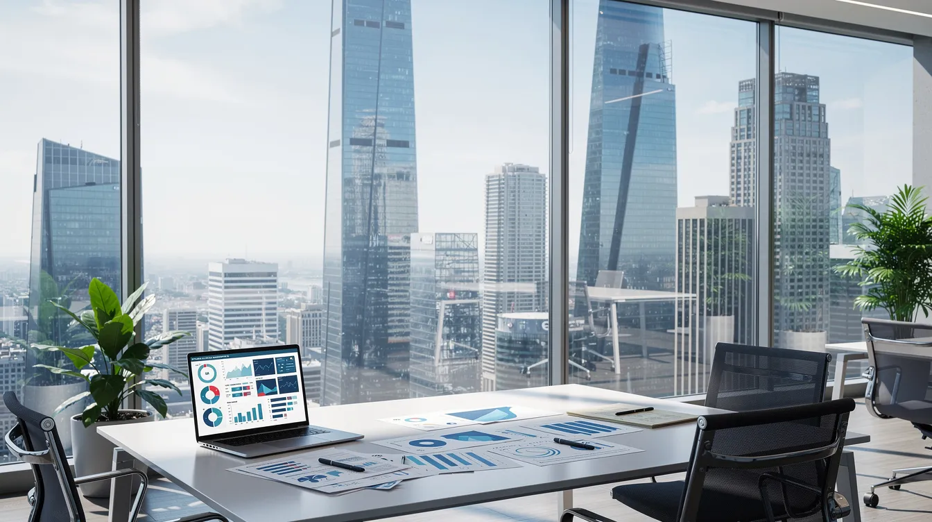 The image depicts a modern office interior featuring financial planning documents spread across a sleek desk, with a stunning city skyline visible through expansive floor-to-ceiling windows. This setting reflects a professional environment where discussions about residential properties and the implications of seller's stamp duty (SSD) on short-term property strategies may take place.