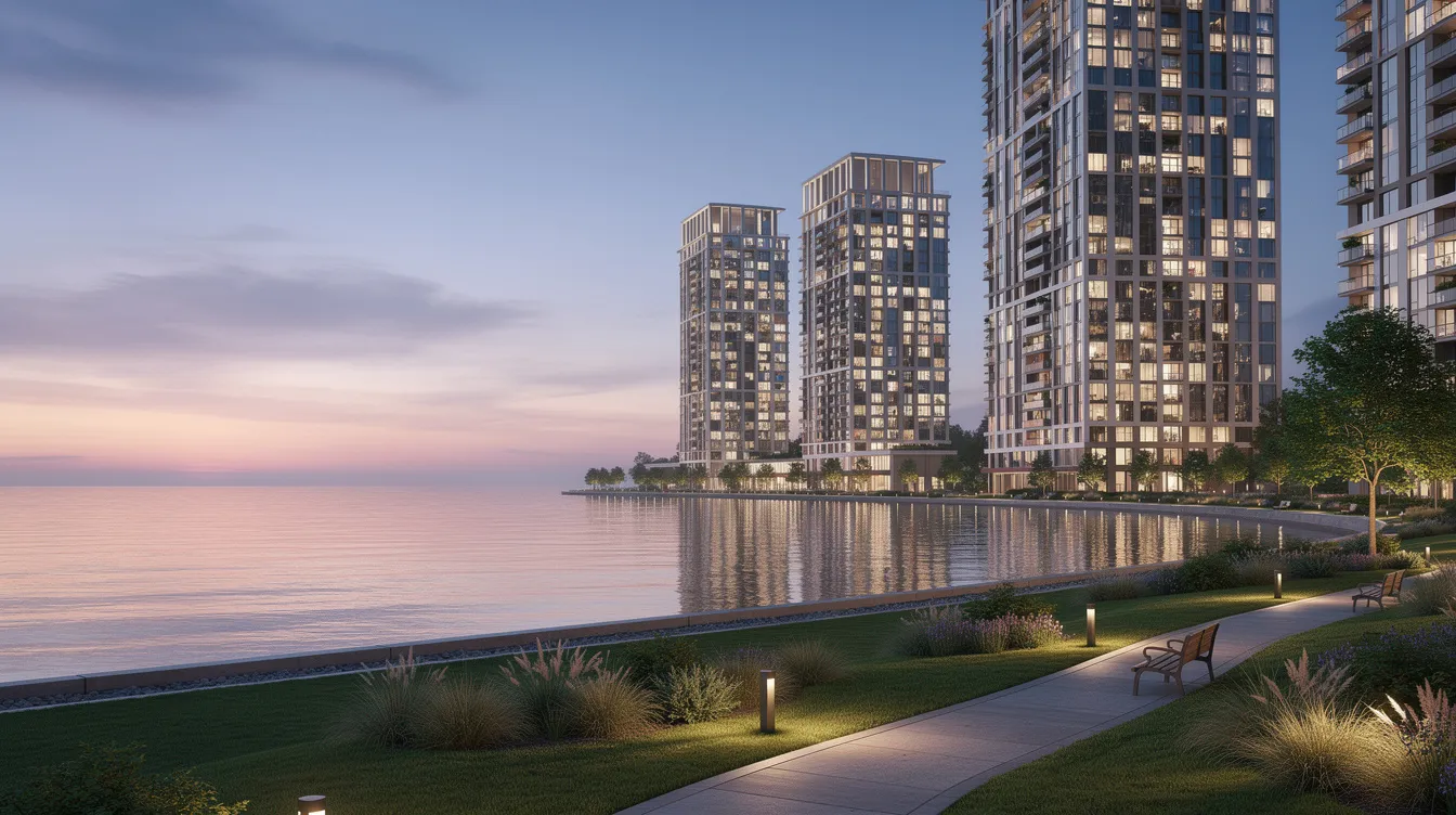 The image depicts elegant waterfront residential towers illuminated at dusk, reflecting beautifully on the ocean's surface, with serene park pathways in the foreground. This scene captures the essence of prime living in the core central region, showcasing the appeal of new launch condos amidst the vibrant Singapore property market.