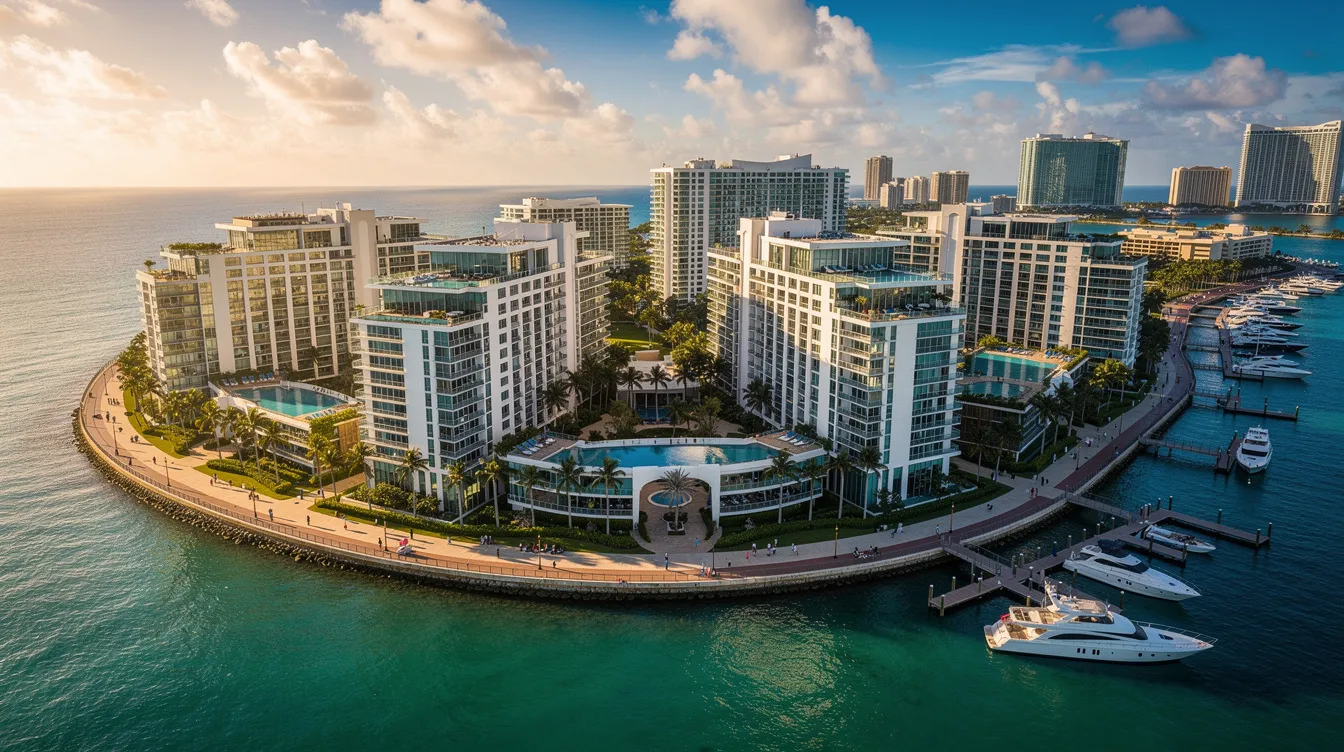 An aerial view showcases modern luxury condominiums lining a vibrant waterfront in a tropical city, highlighting prime locations with stunning skyline views. This image reflects the appeal of private residential properties, perfect for potential buyers considering leasehold and freehold properties in the competitive Singapore property market.