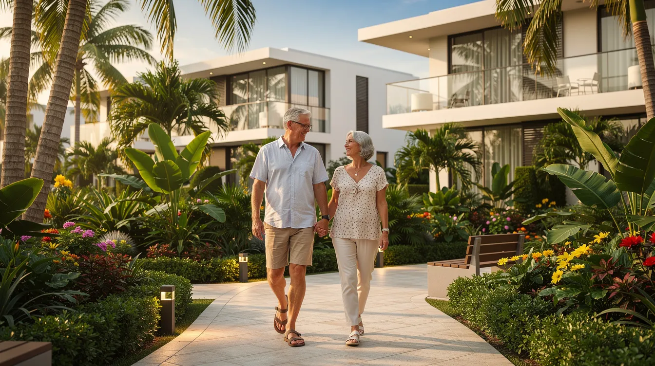 A retired couple strolls through a modern condominium garden, surrounded by lush tropical greenery, symbolizing their new lifestyle while right sizing in retirement. This serene setting reflects their decision to unlock cash from their largest asset, potentially enhancing their retirement income without losing their quality of life.
