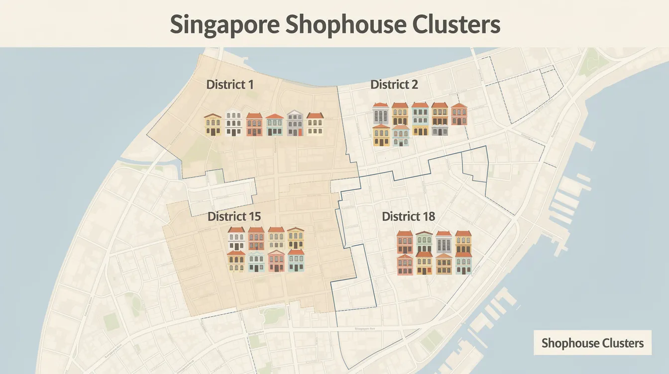 The image is a map-style illustration highlighting the main shophouse clusters across Districts 1, 2, 8, and 15 in Singapore, showcasing areas where shophouse transactions are concentrated. This visual representation indicates the potential for strong investor interest in the shophouse market, particularly in freehold landed shophouses, despite the ongoing lower sales volume and reduced total transaction value.