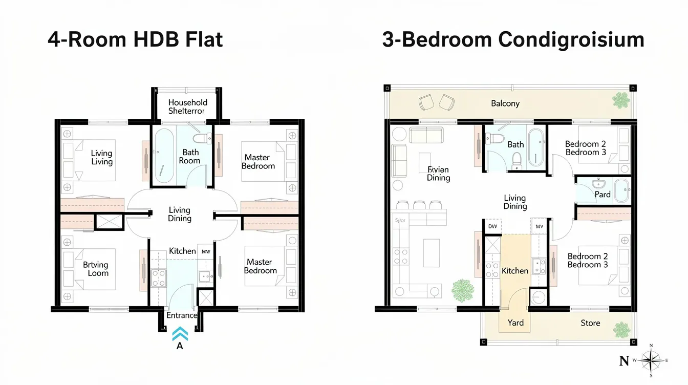 The image shows a side-by-side floor plan comparison of a four-room HDB flat and a three-bedroom condominium unit, highlighting the differences in space and layout that families may consider when upgrading from HDB to condo. This visual aids Singapore citizens in understanding the trade-offs and planning their next property purchase while factoring in aspects like loan limits and renovation costs.