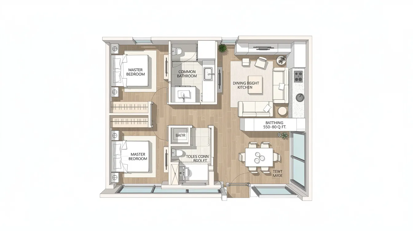 The image depicts a compact and bright two-bedroom condo floor plan featuring an open kitchen layout, ideal for empty nesters looking to right size to a smaller private home. This layout promotes financial freedom by maximizing space and minimizing upkeep, making it a perfect choice for those transitioning to a more manageable lifestyle.