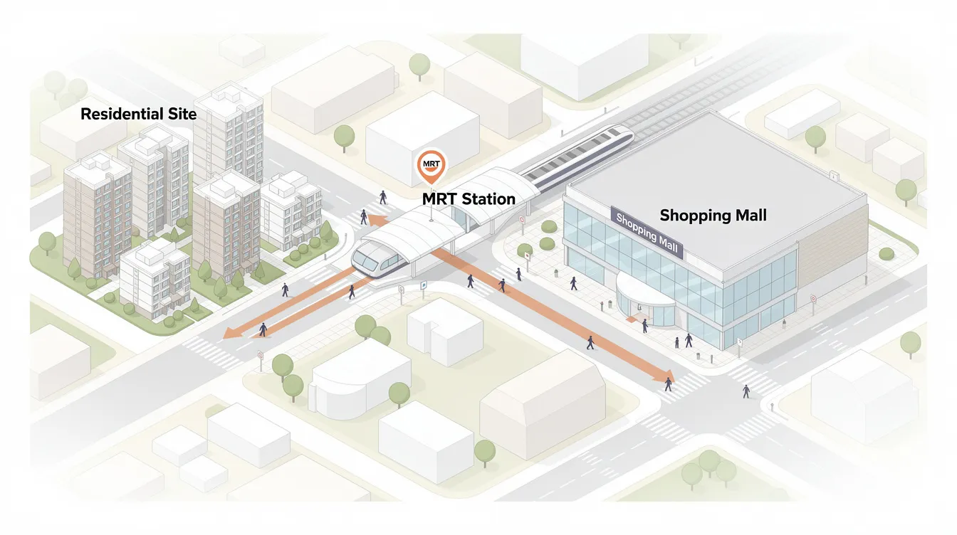 The image features a map-style illustration that outlines walking routes connecting a residential site, Hillview MRT Station, and a nearby shopping mall, all situated within the lush surroundings of the Dairy Farm area. The routes highlight the excellent connectivity and urban convenience of this serene enclave, perfect for residents seeking a harmonious blend of nature and modern living.