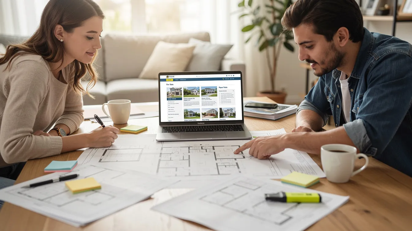 A couple is sitting at a brightly lit table, studying floor plans and documents while a laptop displays property listings related to private residential properties. They appear focused on understanding the latest real estate statistics and trends, including insights on the property price index and the impact of the Urban Redevelopment Authority's data on private home prices.