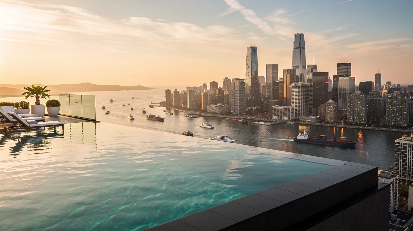The image depicts an infinity pool on the rooftop of a skyscraper, offering stunning views of a harbor and a vibrant city skyline bathed in golden hour light. This luxurious setting, reminiscent of the Newport residences, features a serene atmosphere perfect for relaxation and enjoyment.