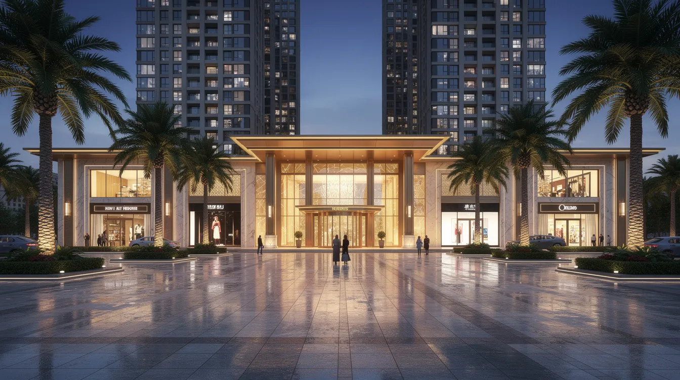 The image depicts an illuminated luxury shopping mall entrance at dusk, surrounded by palm trees, with high-rise residential towers in the background, showcasing the vibrant atmosphere of Singapore's core central region. This scene reflects the prestige and convenience of living in prime areas, highlighting the blend of luxury and modernity in the city.