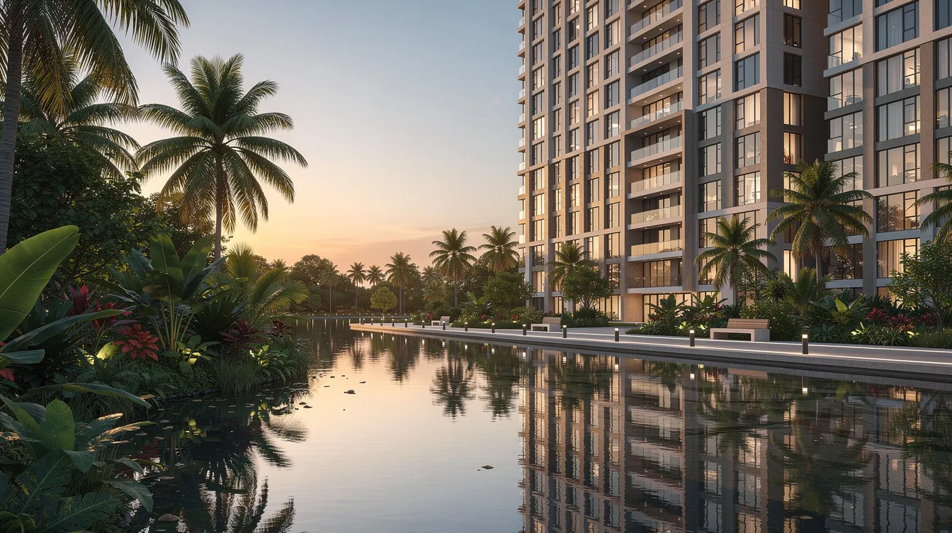 The image depicts modern residential towers situated beside a reflective lake, surrounded by lush tropical greenery, creating a serene atmosphere. This scene highlights the attractive location near Jurong Lake Gardens, appealing to families and potential customers interested in properties like Lucerne Grand, which offer various price points and features.