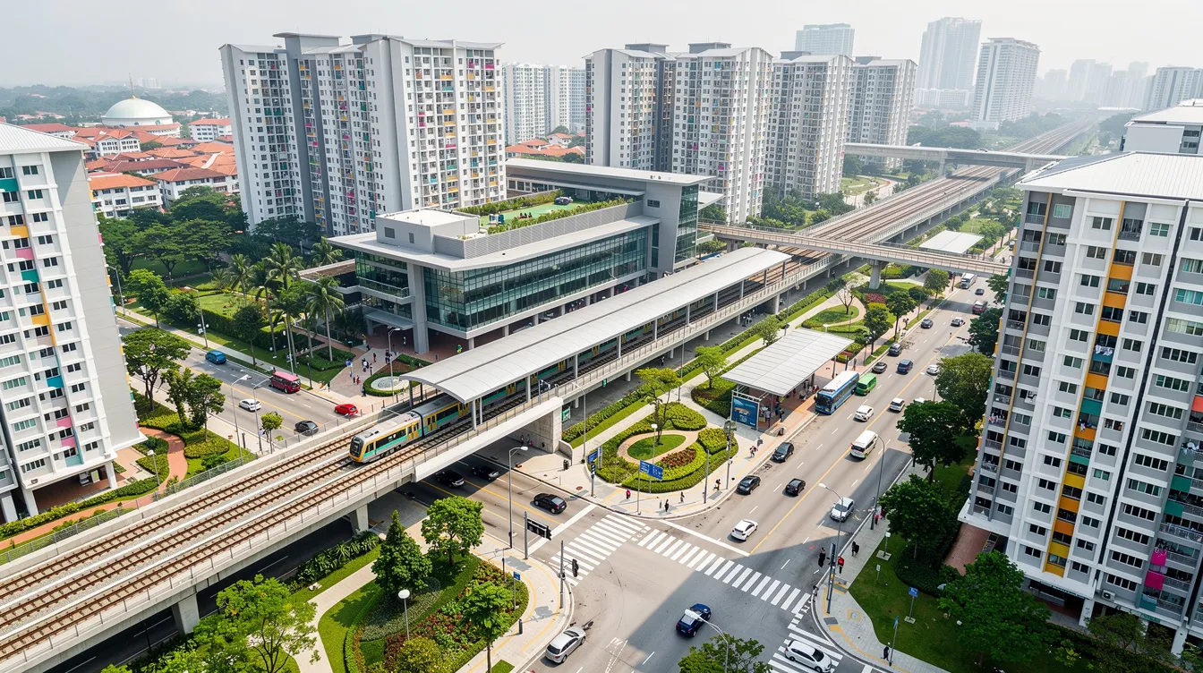 An aerial view showcases a modern Singapore MRT station nestled among high-rise residential towers, surrounded by lush green landscaping. The image highlights the station's direct MRT access, emphasizing its strategic location within the central business district and proximity to new launch condo projects.