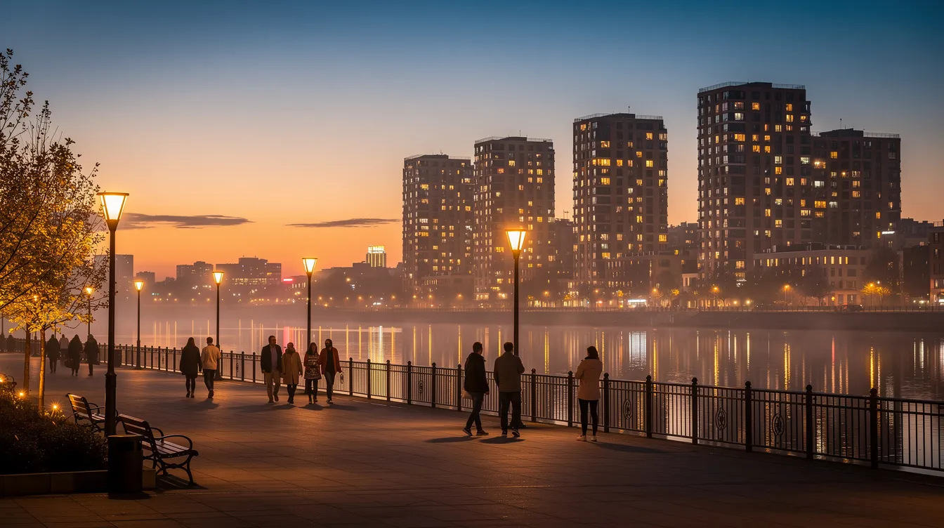 The image depicts an evening view of a riverside promenade in Singapore, illuminated by warm lighting, with pedestrians strolling along the walkway and residential towers rising in the background. This vibrant scene is set in the river valley area, near the Great World MRT station, highlighting the blend of urban living and natural beauty in the core central region.