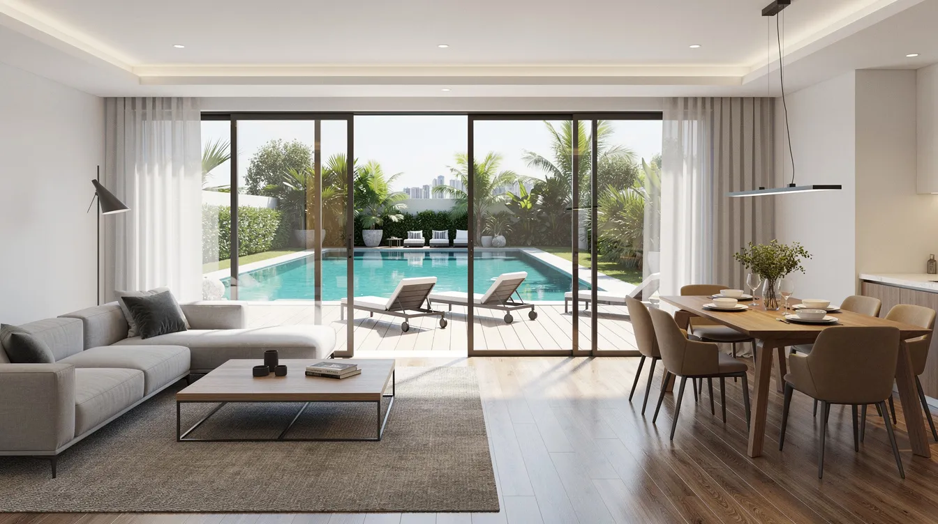 The image depicts a modern showflat interior featuring an open-plan living and dining area that offers a view of a pool deck, showcasing a stylish and spacious layout ideal for potential buyers of private properties and executive condominiums. This inviting space highlights the appeal of contemporary living in Singapore, where families can envision their future in a private residential property.