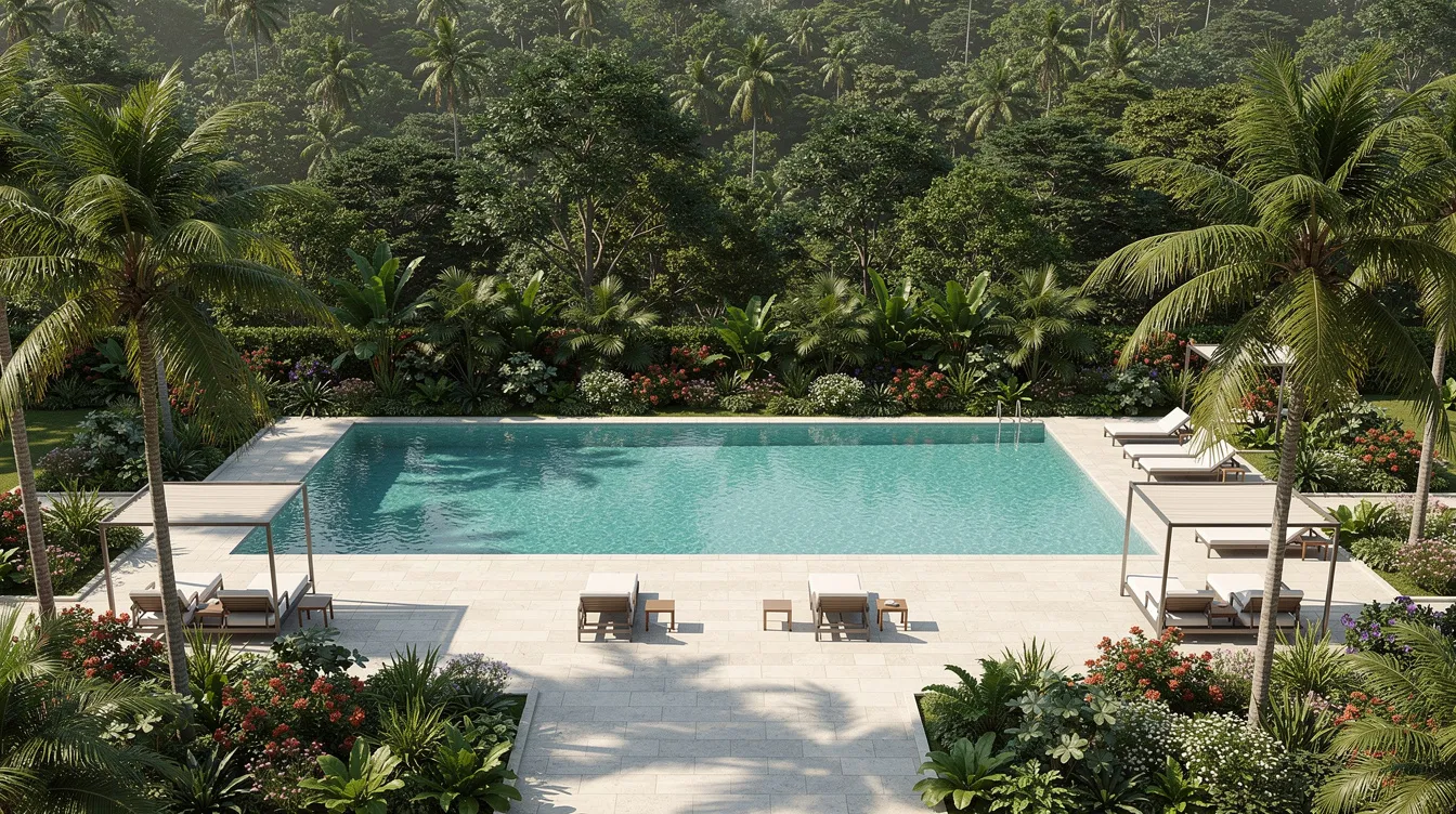 The image depicts a resort-style pool deck surrounded by lush tropical landscaping, with a dense forest visible beyond the property boundary, creating a serene enclave for relaxation. This peaceful retreat offers a harmonious blend of modern living and nature, ideal for residents seeking outdoor activities and a connection to the lush greenery of the nearby Dairy Farm area.