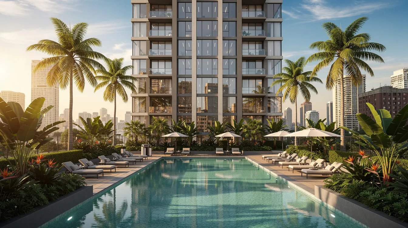 The image depicts a modern residential tower featuring a swimming pool, surrounded by lush tropical landscaping in a dense urban environment. This setting emphasizes the concept of modern central living, with the Serra Residences tower drawing attention as a sculpted urban landmark in a quiet residential enclave near Novena MRT station.