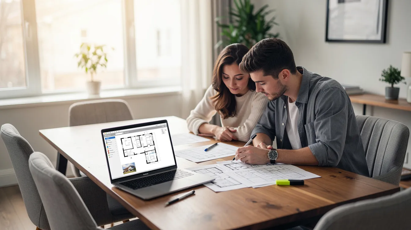 A couple sits at a dining table, reviewing property documents and floor plans while a laptop is open in front of them. They appear focused on their discussion about residential property options, including details like the purchase price and potential outstanding housing loans for an HDB resale flat or new launch condo.