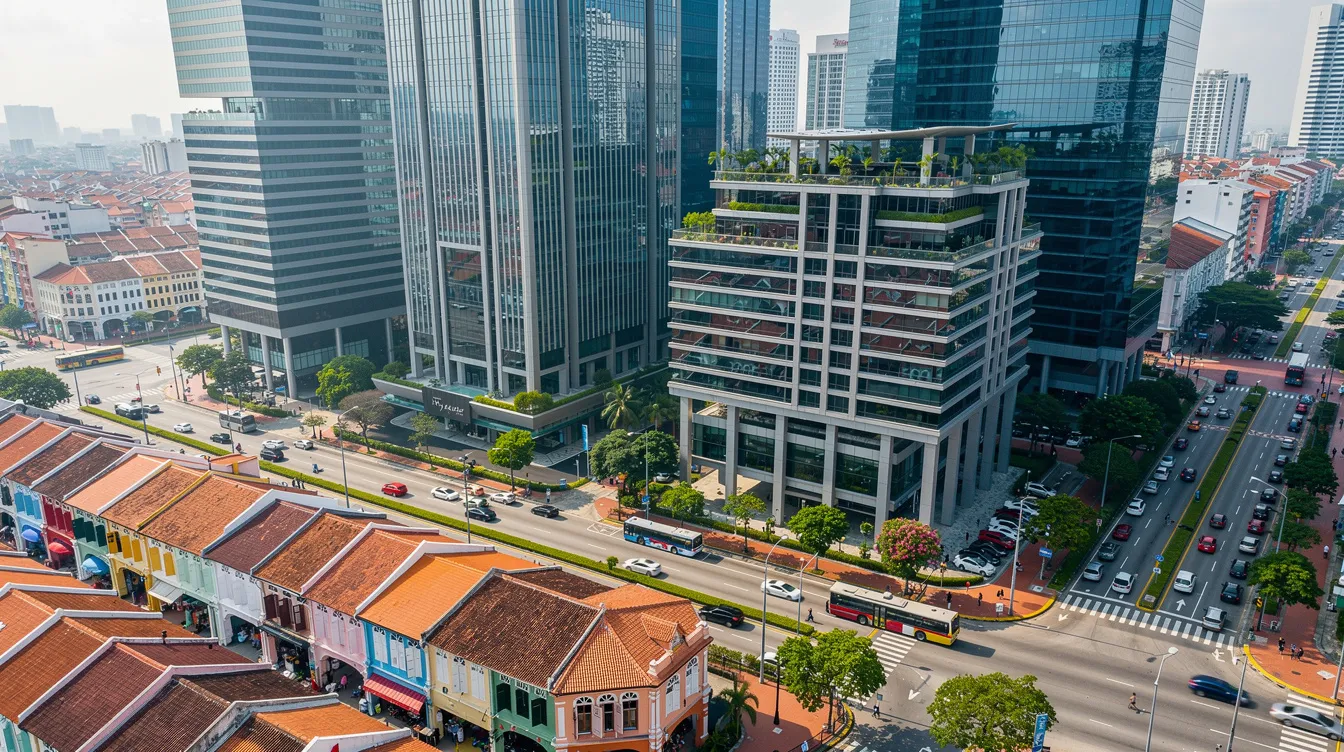 An aerial view of Singapore's commercial district showcases a mix of modern strata office towers and traditional shophouses, highlighting the vibrant blend of commercial property in the area. This bustling landscape reflects the dynamics of Singapore's real estate market, where both local and foreign investors engage in commercial property transactions, influenced by various factors such as goods and services tax (GST) and property tax regulations.