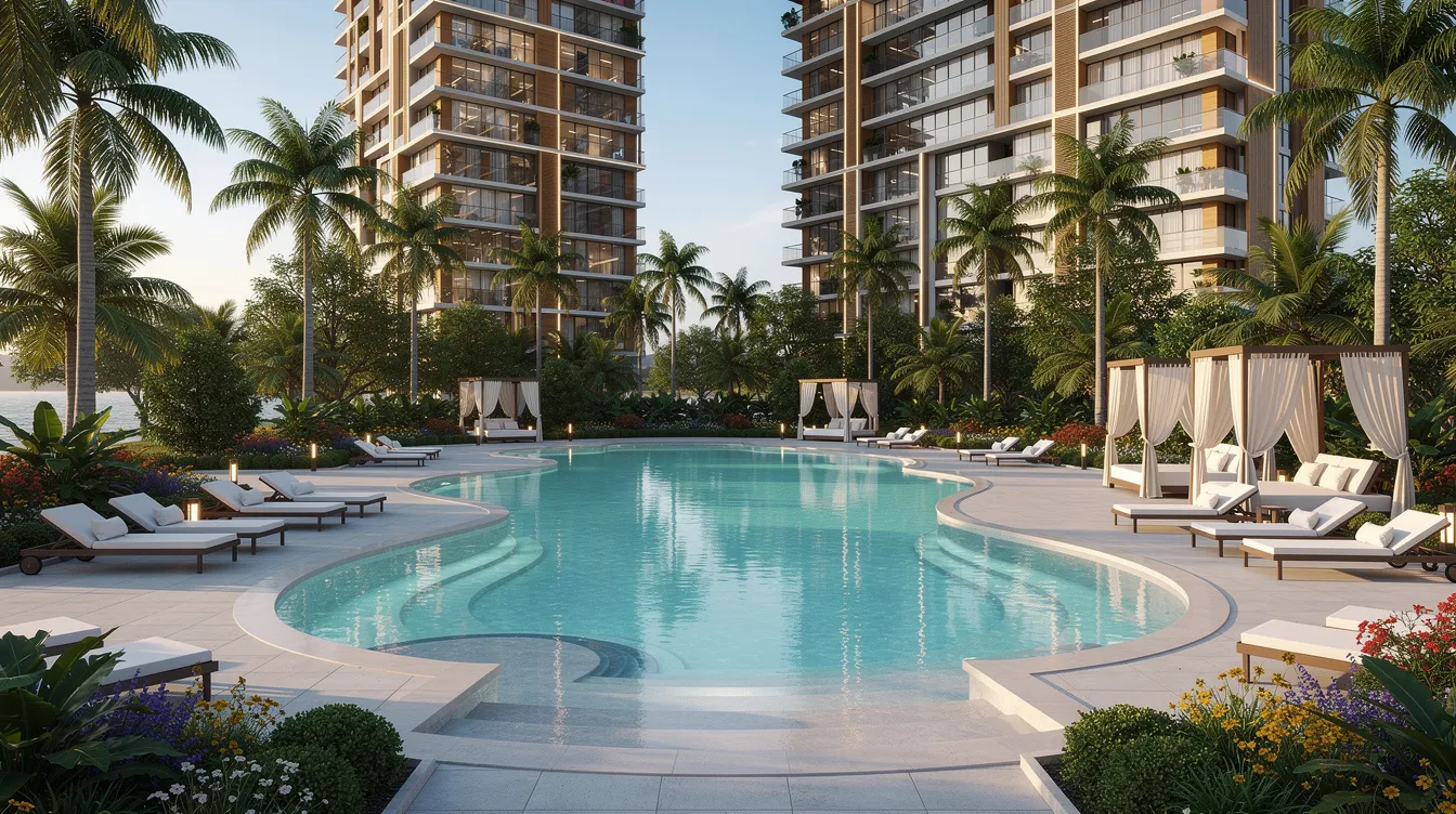 The image depicts a resort-style swimming pool area surrounded by lush tropical landscaping and modern residential towers, offering a serene atmosphere ideal for relaxation and recreation. This vibrant setting is part of the Coastal Cabana EC project in Pasir Ris, showcasing its proximity to daily conveniences and recreational facilities.