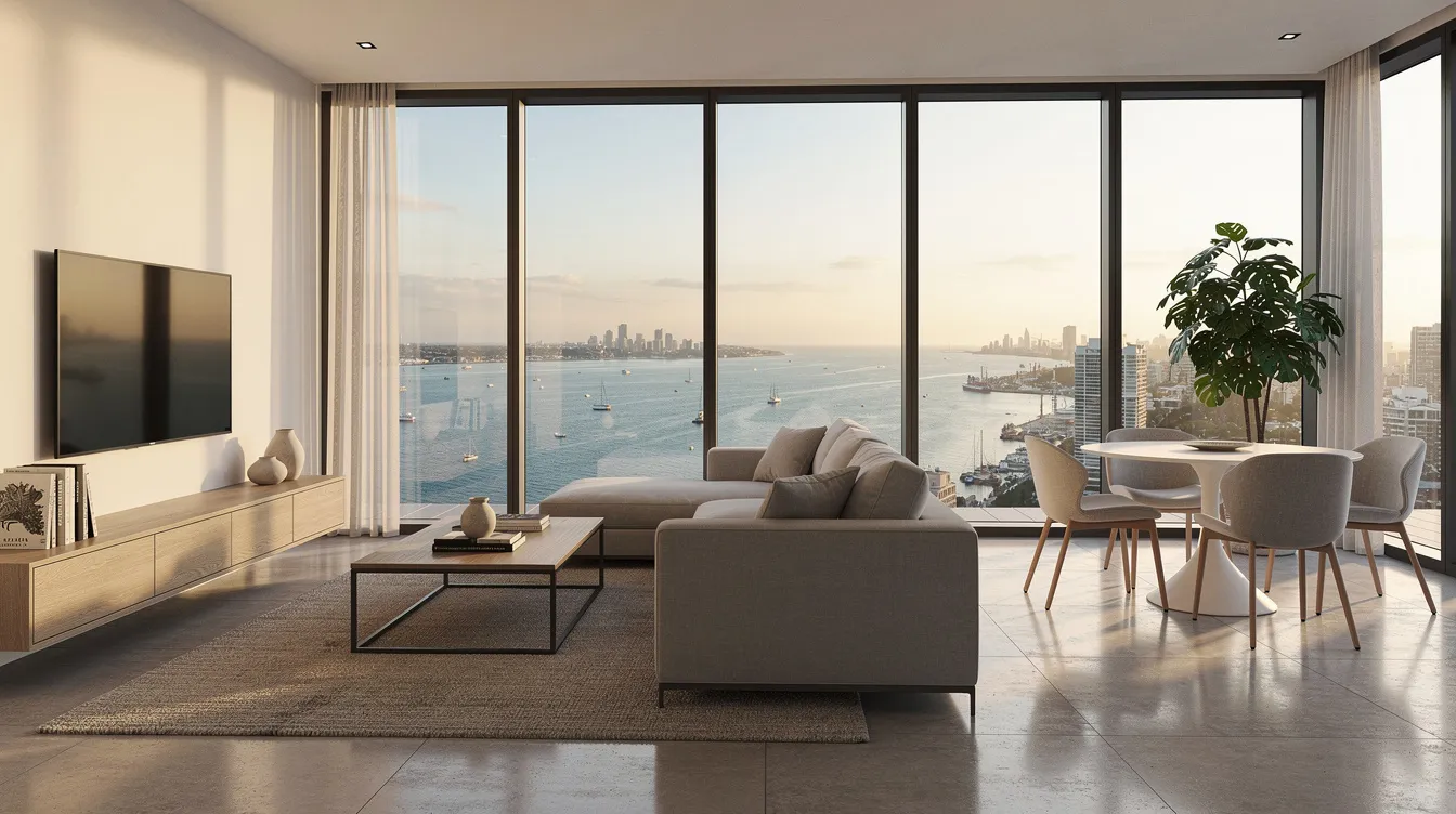 The image depicts the interior of a modern high-rise apartment featuring floor-to-ceiling windows that offer a stunning view of the harbour. The contemporary furnishings create a stylish living and dining area, emphasizing the luxurious lifestyle associated with Newport Residences and its prime location near the central business district.