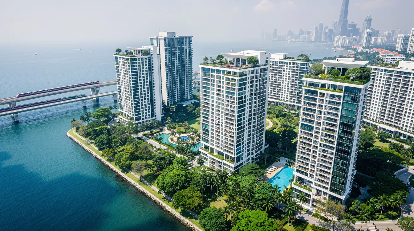 An aerial view of Singapore showcases modern waterfront condominiums surrounded by lush greenery, with MRT tracks visible in the background. This vibrant scene highlights the blend of urban living and nature in 新加坡.