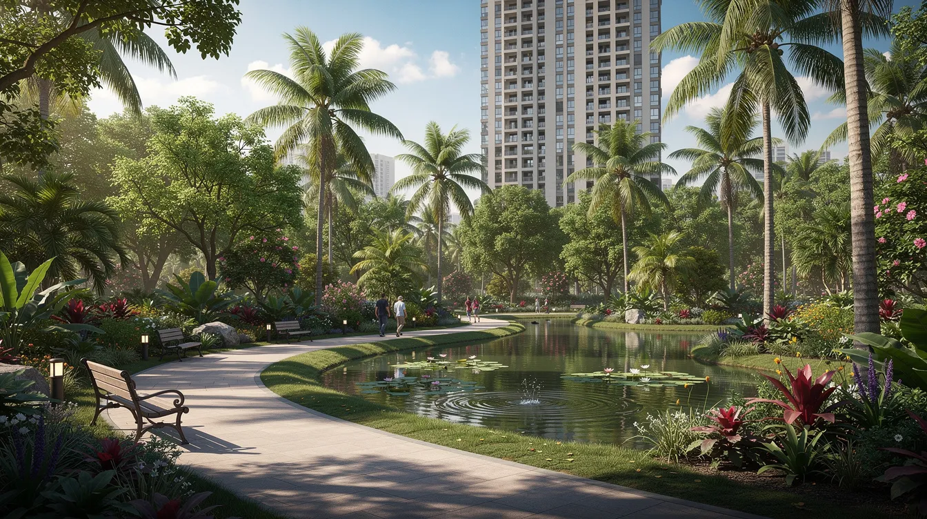 The image depicts a lush tropical park featuring winding walking trails and a serene pond, with modern residential towers rising in the background. This vibrant green space is likely located near Woodlands South MRT station, providing easy access for residents and visitors alike.