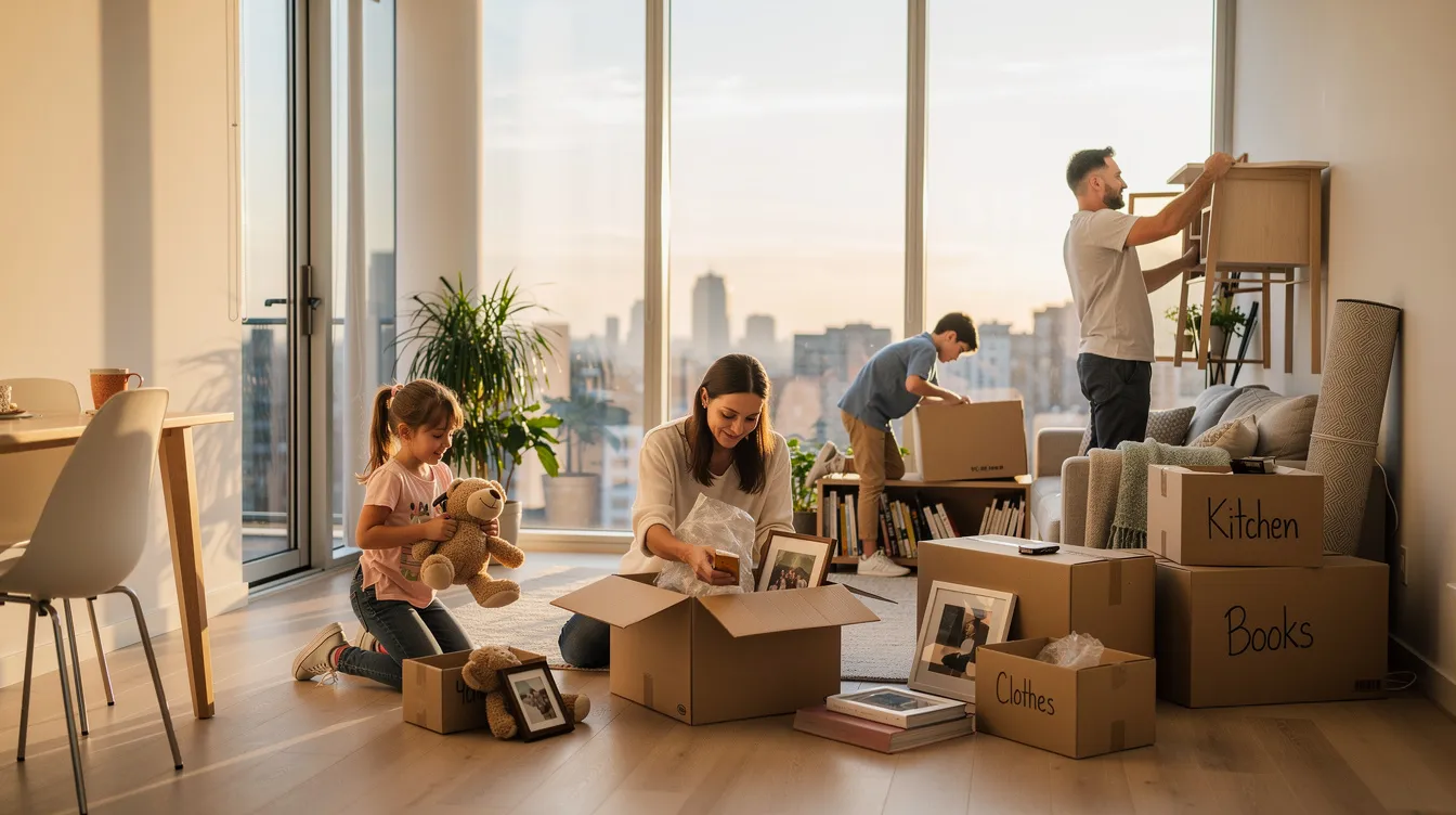 A family is unpacking boxes in their new three-bedroom private condominium unit, which features large floor-to-ceiling windows that let in plenty of natural light. This upgrade from their previous four-room HDB flat reflects careful planning and consideration of their family situation and investment potential in the Punggol area.