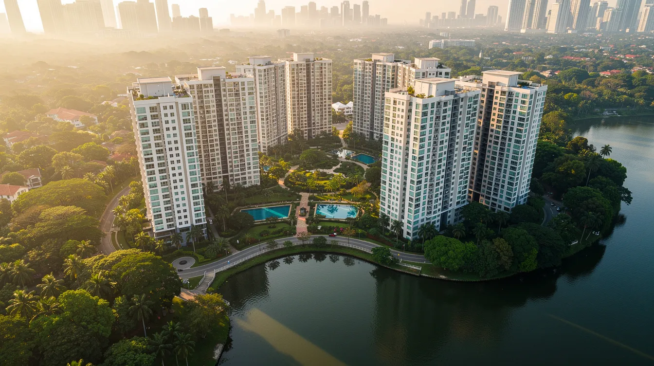 An aerial view of Singapore showcases a cluster of residential condominiums along a serene river, surrounded by lush greenery, highlighting the integration of private properties within a vibrant urban landscape. This scene reflects the potential for property ownership and the financial considerations involved in purchasing residential property, such as accrued interest and market value assessments.