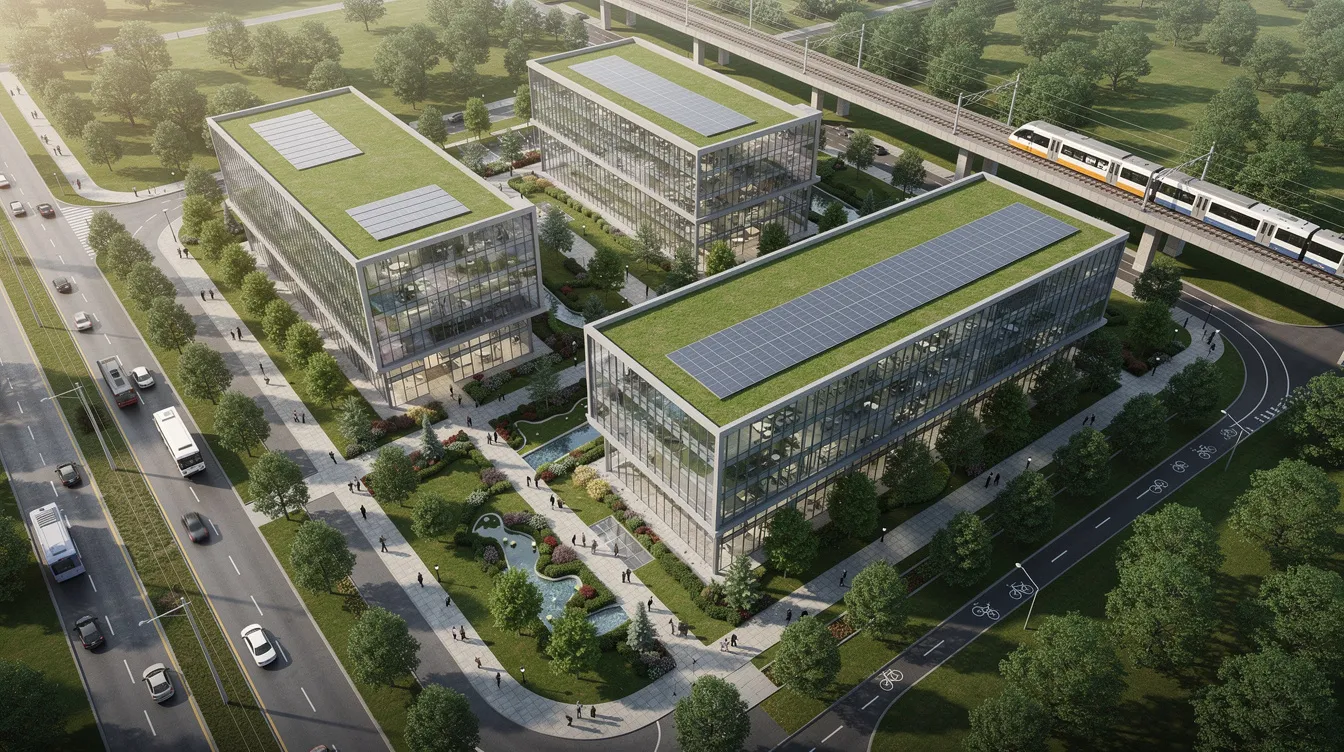 An aerial view showcases a modern business park, surrounded by lush green landscaping and well-developed transit infrastructure, highlighting the potential for capital growth and strong rental demand in the property market. This image emphasizes the importance of property investment for investors seeking higher rental yield and long-term appreciation.