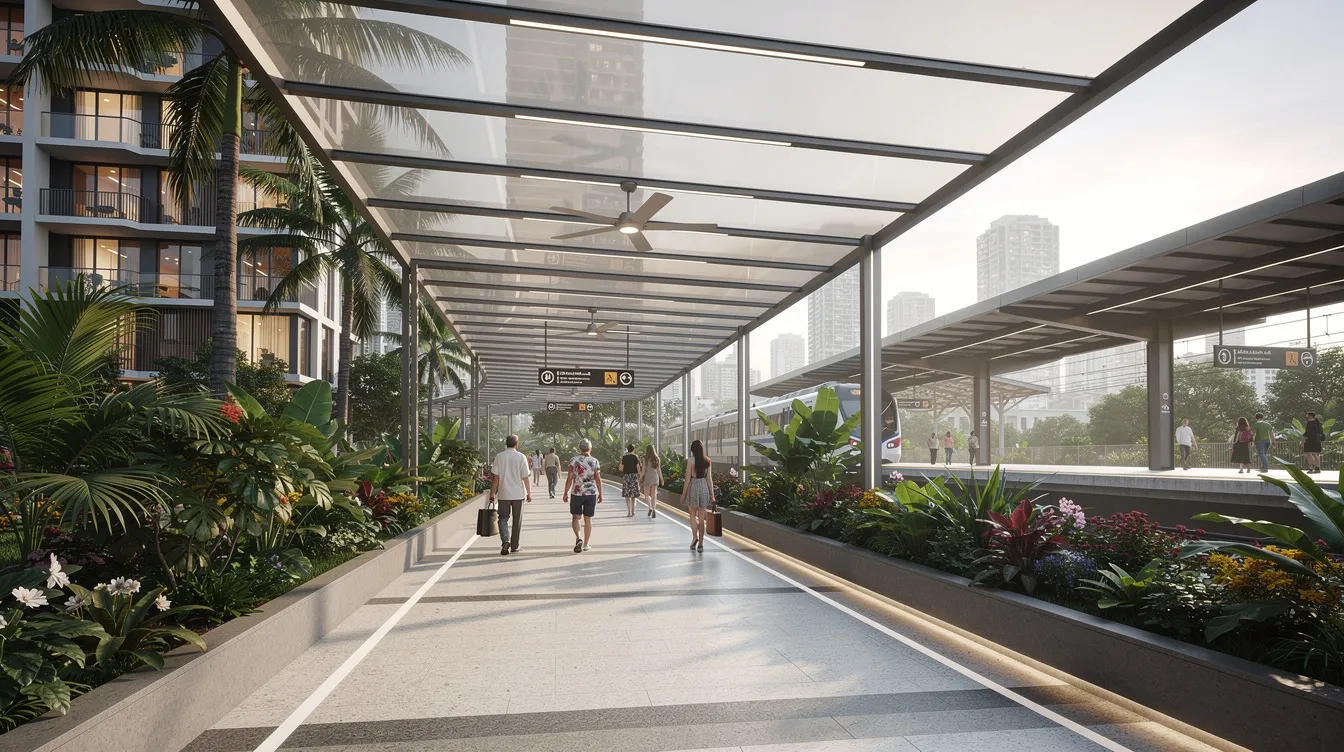 The image depicts a covered pedestrian walkway that seamlessly connects a modern residential tower, part of the Newport Residences, to the nearby Tanjong Pagar MRT station in a vibrant tropical city. This convenient link enhances urban living by providing easy access to the central business district and surrounding amenities.