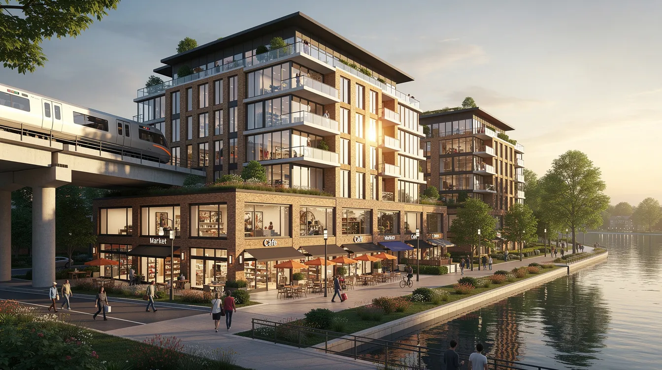 The image depicts a modern mixed-use development featuring ground-floor retail spaces adjacent to an elevated rail line, with a serene view of a lake in the background. This vibrant setting is part of the Jurong Lake District, close to the Lakeside MRT station and surrounded by amenities like the Canadian International School and Jurong Lake Gardens.
