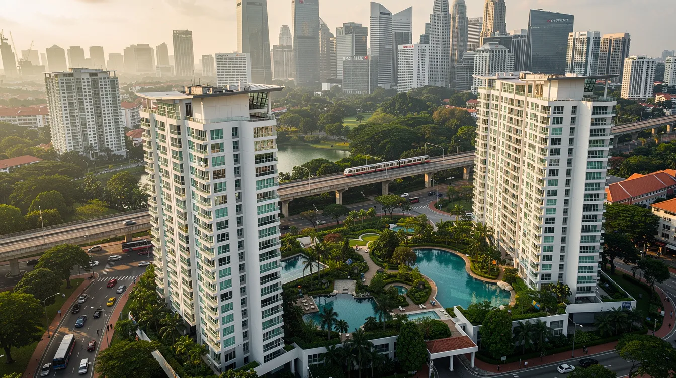 An aerial view showcases Singapore's city-fringe residential condominiums situated near an MRT station, with the downtown skyline visible in the background. This image highlights the growing property market, emphasizing the potential for investment properties and the impact of urban redevelopment in the central region.