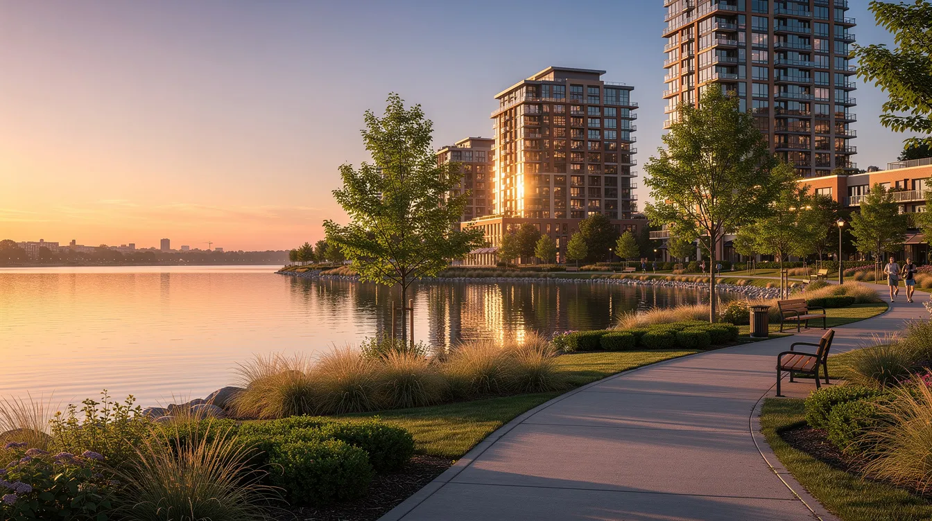 The image depicts a serene lakefront park featuring walking paths, with residential towers silhouetted against a vibrant sunset in the background. This scene reflects the tranquil atmosphere of urban living in the core central region, highlighting the appeal of new launch condos and upcoming projects in the Singapore property market.