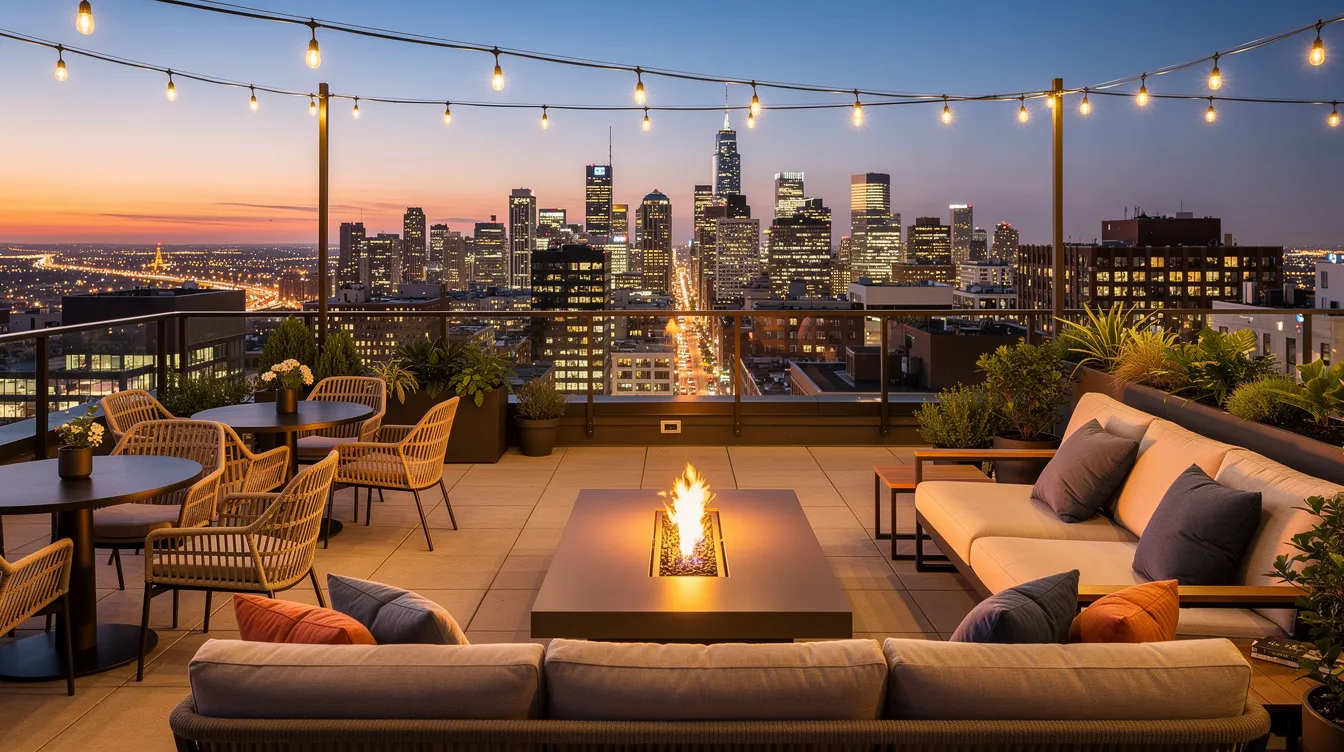 The image depicts a rooftop terrace featuring comfortable lounge seating, offering a stunning view of the city skyline at dusk. This serene space is ideal for residents of the Serra Residences to unwind and enjoy the vibrant urban landscape.