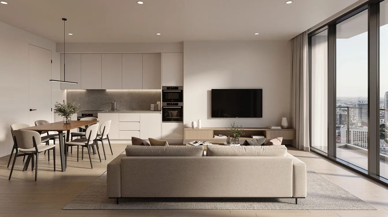 The image depicts a wide-angle view of a modern residential showflat interior featuring an open-plan living area illuminated by afternoon sun streaming through floor-to-ceiling windows. This stylish space showcases the importance of build quality and architectural services in contemporary residential design, reflecting the regulatory requirements and structural engineering considerations vital for major infrastructure projects.