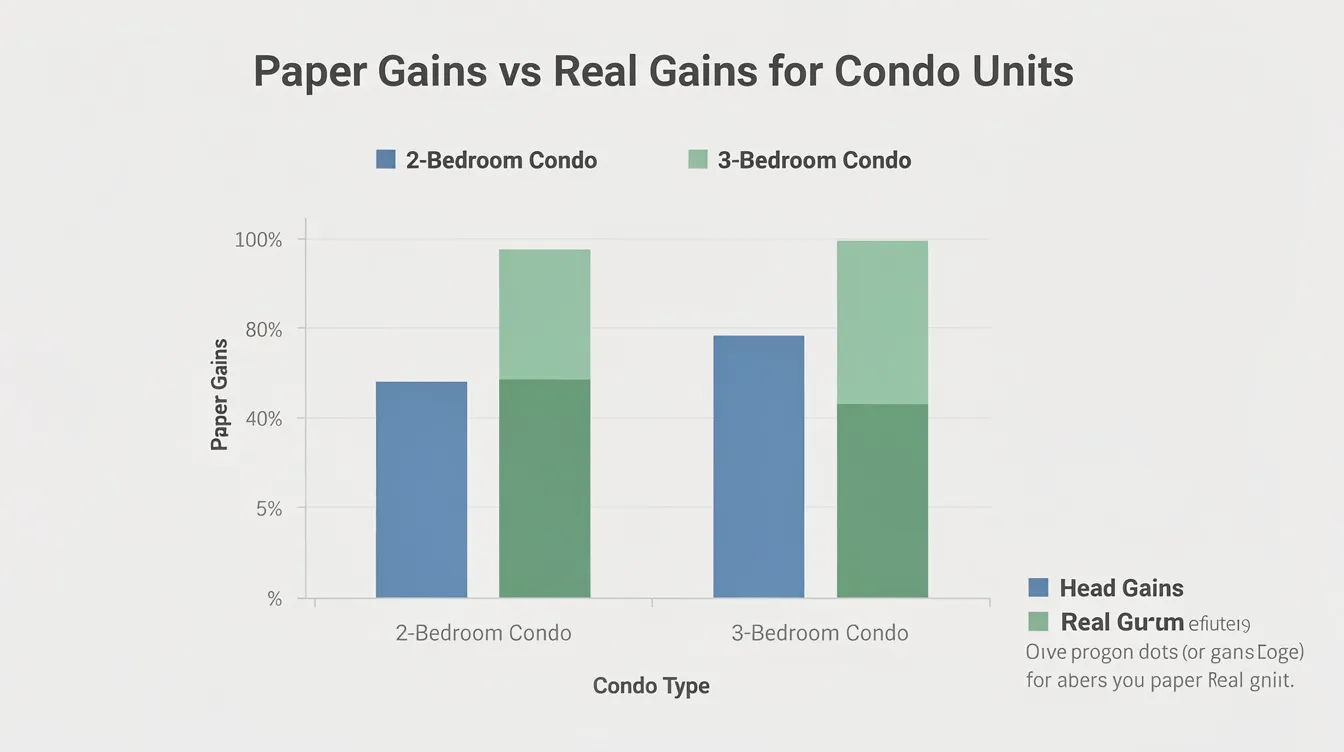 The image features a comparison chart illustrating paper gains versus real gains for two-bedroom and three-bedroom condo units, highlighting market trends in the Lentor area, including properties like Lentor Gardens Residences and Lentor Modern. The chart provides insights into estimated launch prices, capital appreciation, and entry prices for these residential towers, aiding property investors in understanding the resale market dynamics.