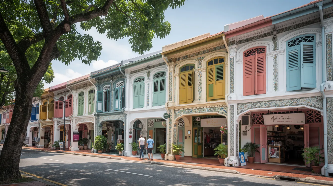 The image depicts a historic row of shophouses along a tree-lined street in Singapore, showcasing ornate facades with vibrant, colourful shutters. This charming location highlights the appeal of both freehold and 99-year leasehold properties, attracting buyers and investors interested in the market value and future returns of such unique homes.