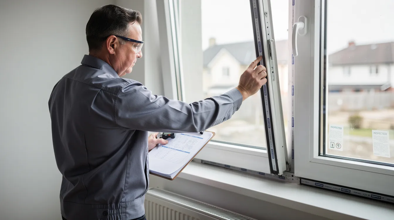 A civil engineer is meticulously examining the alignment of a window frame and the quality of the gasket in a residential unit, ensuring compliance with regulatory requirements and building control acts. This inspection highlights the importance of build quality and periodic structural inspections in maintaining the integrity of existing structures.