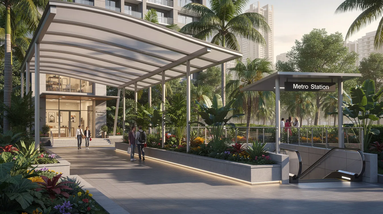 The image depicts a sheltered walkway that connects the entrance of a residential tower to an underground train station in a tropical city environment, highlighting the convenience of direct MRT access for residents. This pathway is designed to enhance connectivity, particularly for new launch condo projects in the area, ensuring easy access to public transport and nearby amenities.