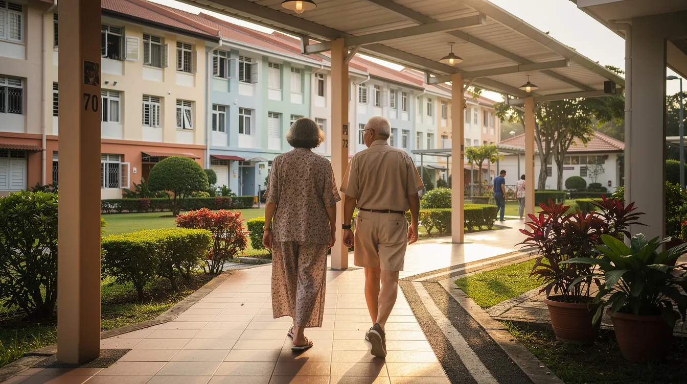 An elderly couple strolls through a well-maintained HDB neighbourhood, enjoying the covered walkways that connect the resale flats. This scene reflects the vibrant community life in Singapore's public housing, highlighting the importance of careful planning for private property owners considering the HDB resale market.