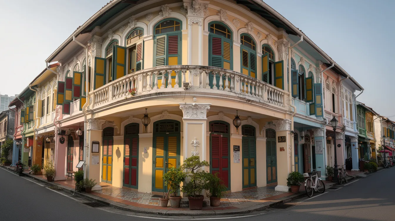 The image depicts a corner conservation shophouse located at the intersection of two heritage streets, showcasing ornamental balustrades and vibrant colorful shutters. This architectural gem represents Singapore's rich heritage and is a prime example of conservation shophouses, which are sought after by high net worth individuals as a capital appreciation tool in the competitive commercial property market.