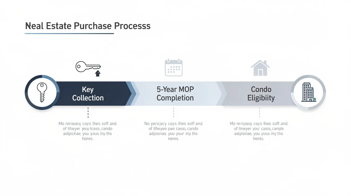 The image depicts a horizontal timeline illustrating the progression from key collection of an HDB flat, through the completion of the 5-year Minimum Occupation Period (MOP), to eligibility for purchasing a condo. This step-by-step upgrade timeline highlights the transition from HDB to private property, emphasizing key terms such as HDB sale, condo downpayment, and outstanding HDB loan.