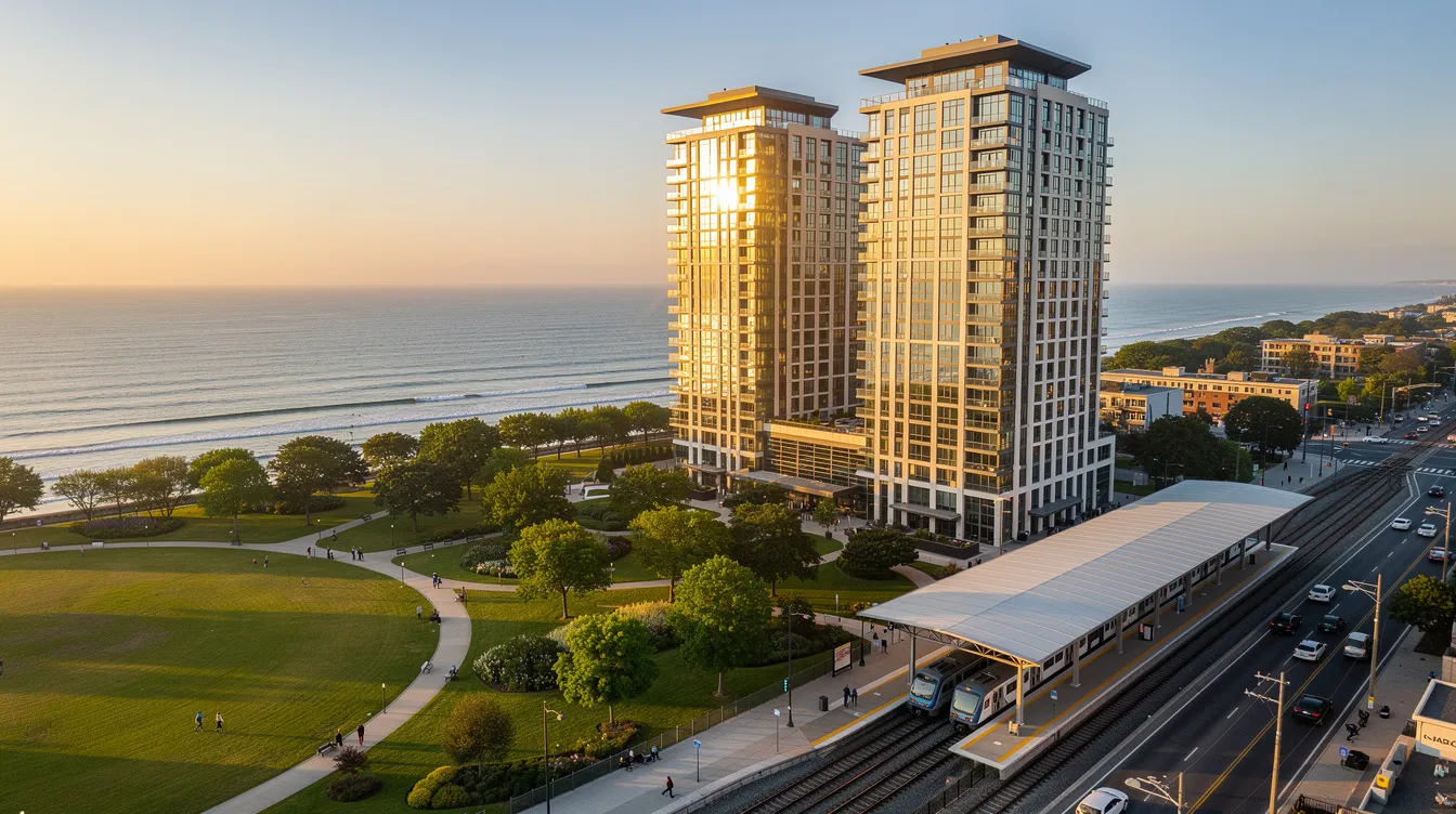 An aerial view showcases two high-rise residential towers situated near the coastal park and the Bayshore MRT station, highlighting the vibrant east coast lifestyle. The image captures the proximity to future developments and infrastructure, emphasizing the strategic positioning of Vela Bay within the new Bayshore precinct.