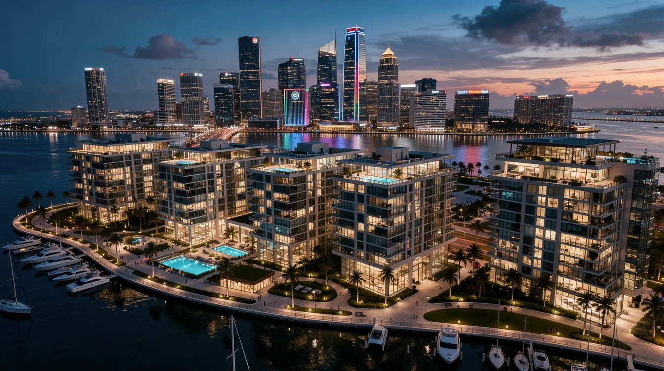 An aerial view showcases a luxury waterfront condominium development with stunning marina views, overlooking a modern city skyline at dusk. This branded residence epitomizes elevated luxury living, featuring premium finishes and hotel services that enhance everyday life for its residents.