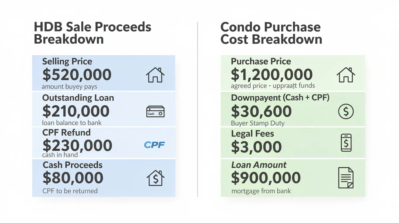 The image displays a side-by-side comparison of two number boxes: one detailing the breakdown of HDB sale proceeds, including outstanding loans and cash proceeds, and the other outlining the costs associated with purchasing a condo, such as the purchase price, buyer's stamp duty, and legal fees. This visual representation highlights the financial aspects of upgrading from an HDB flat to private property, specifically a resale condo.